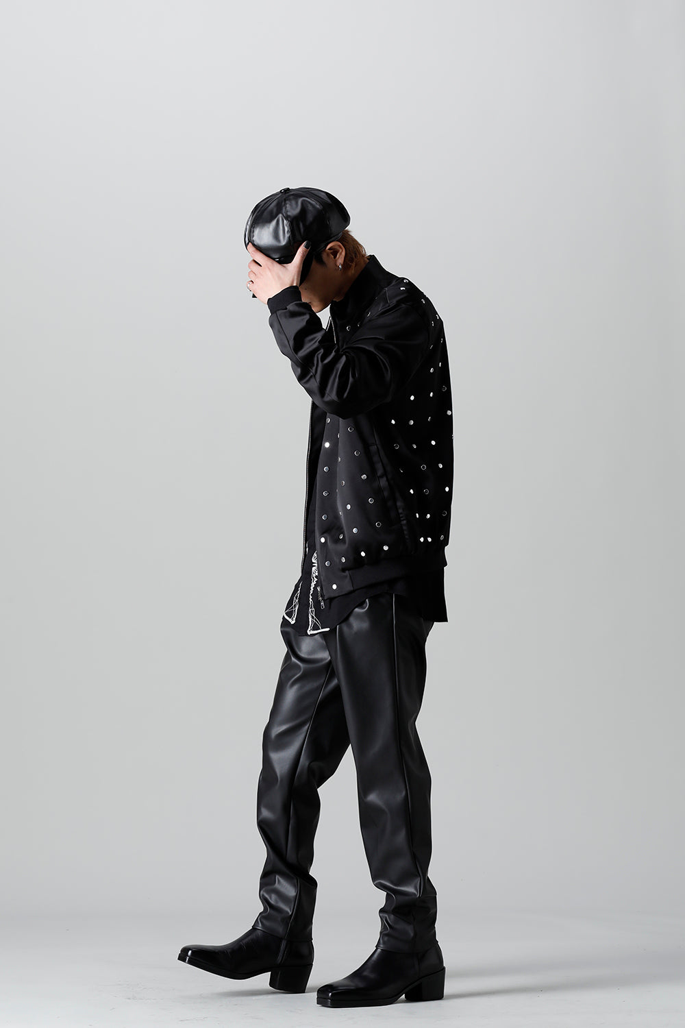 T/R Satin Studs Zip Up Blouson Black x Silver