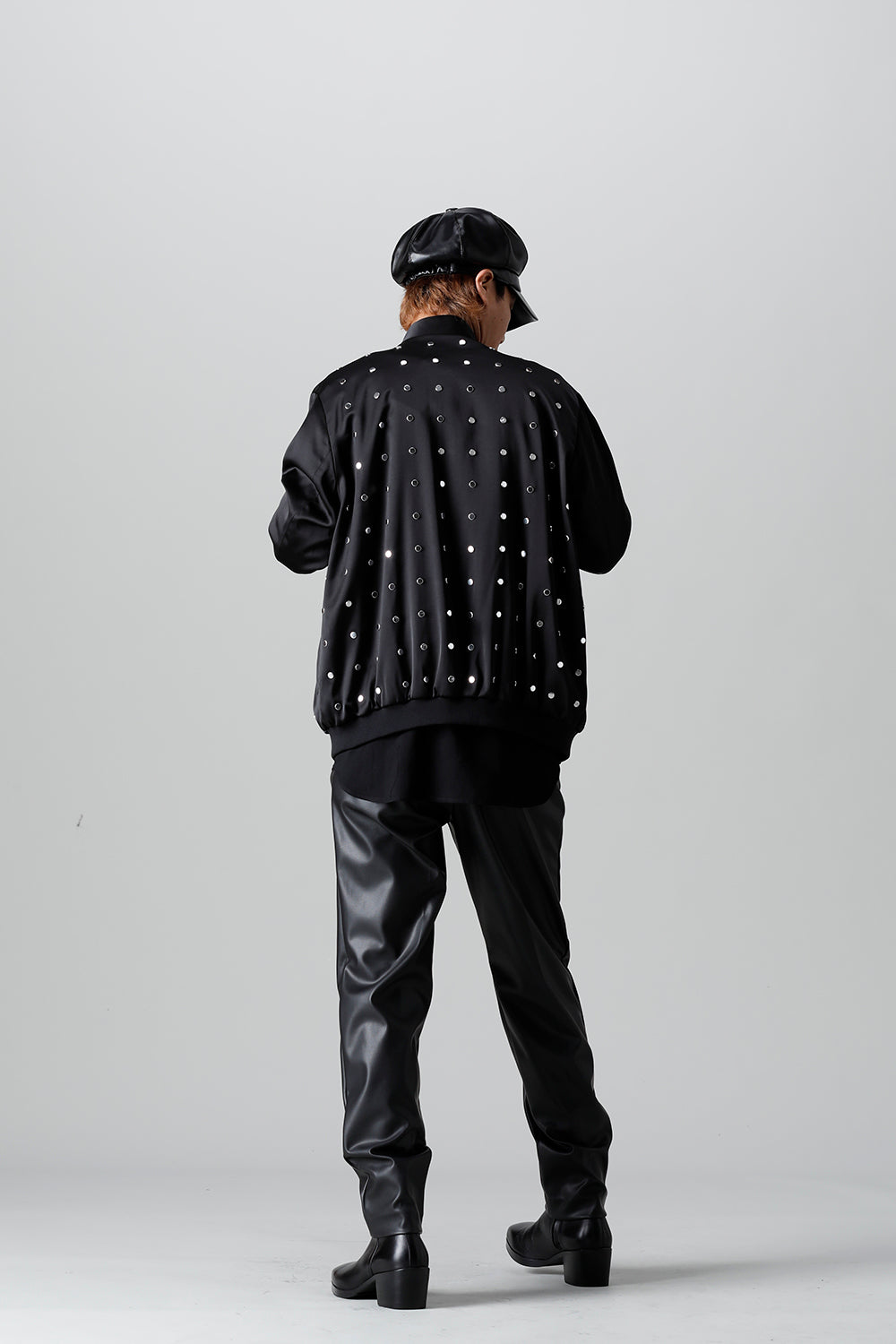 T/R Satin Studs Zip Up Blouson Black x Silver