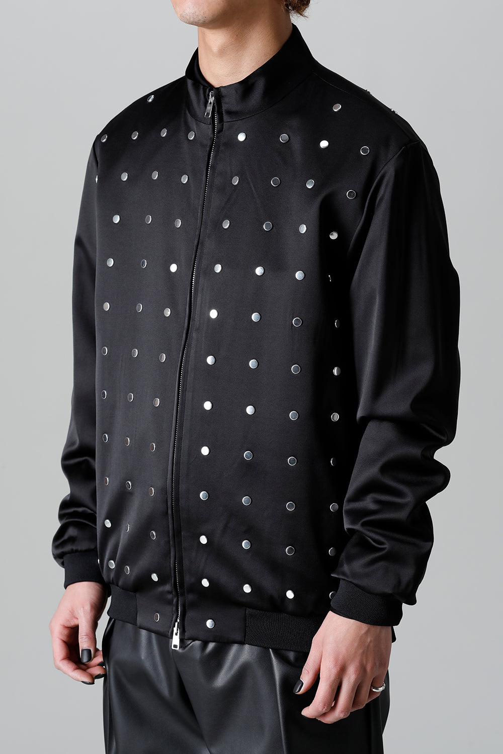 T/R Satin Studs Zip Up Blouson Black x Silver