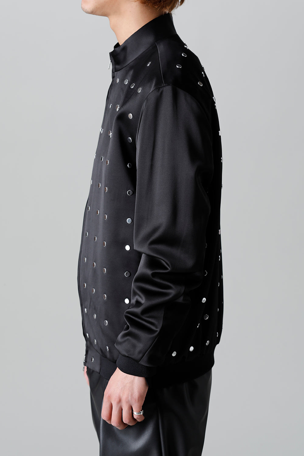 T/R Satin Studs Zip Up Blouson Black x Silver