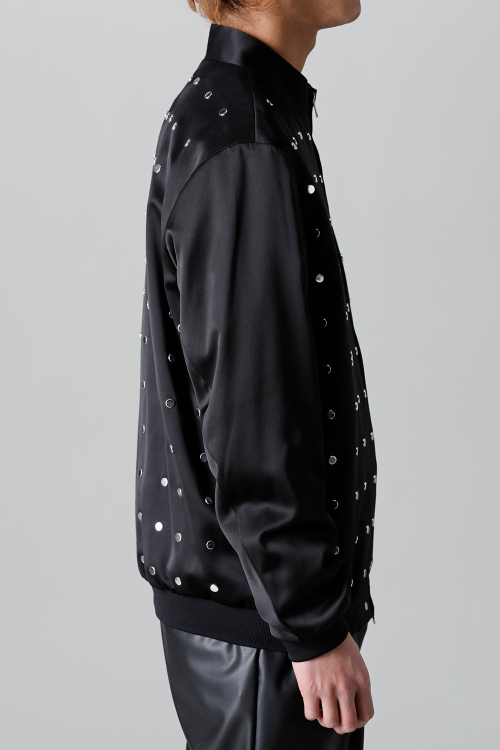 T/R Satin Studs Zip Up Blouson Black x Silver