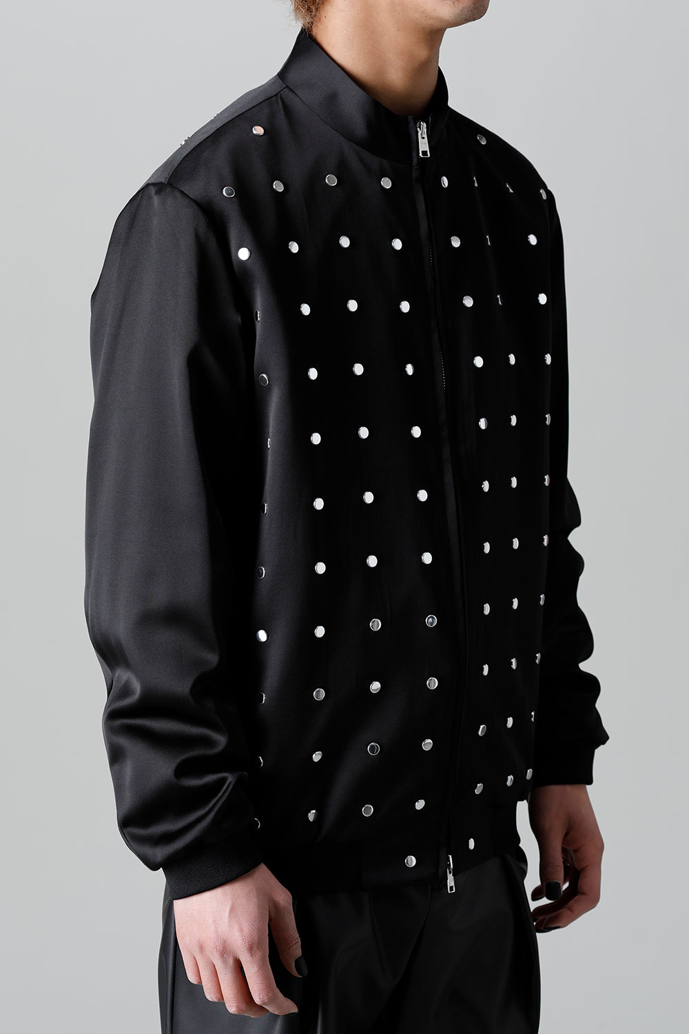 T/R Satin Studs Zip Up Blouson Black x Silver