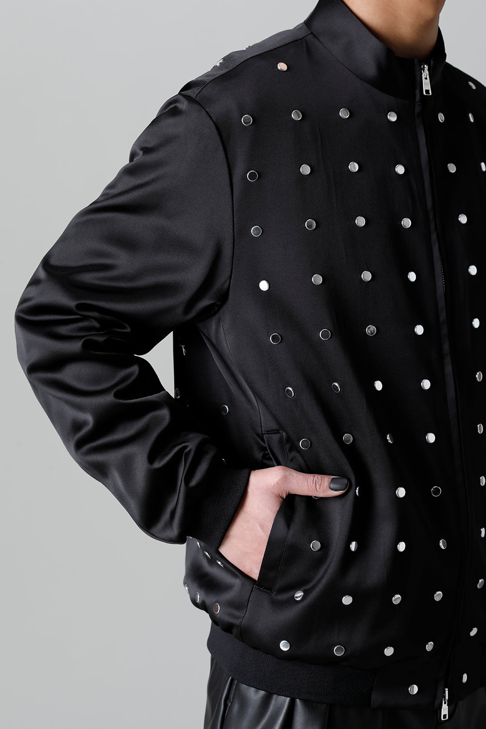 T/R Satin Studs Zip Up Blouson Black x Silver