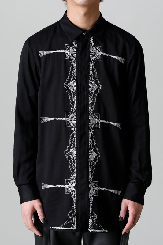 レーヨン ツイル 刺繍 レギュラー シャツ ブラック