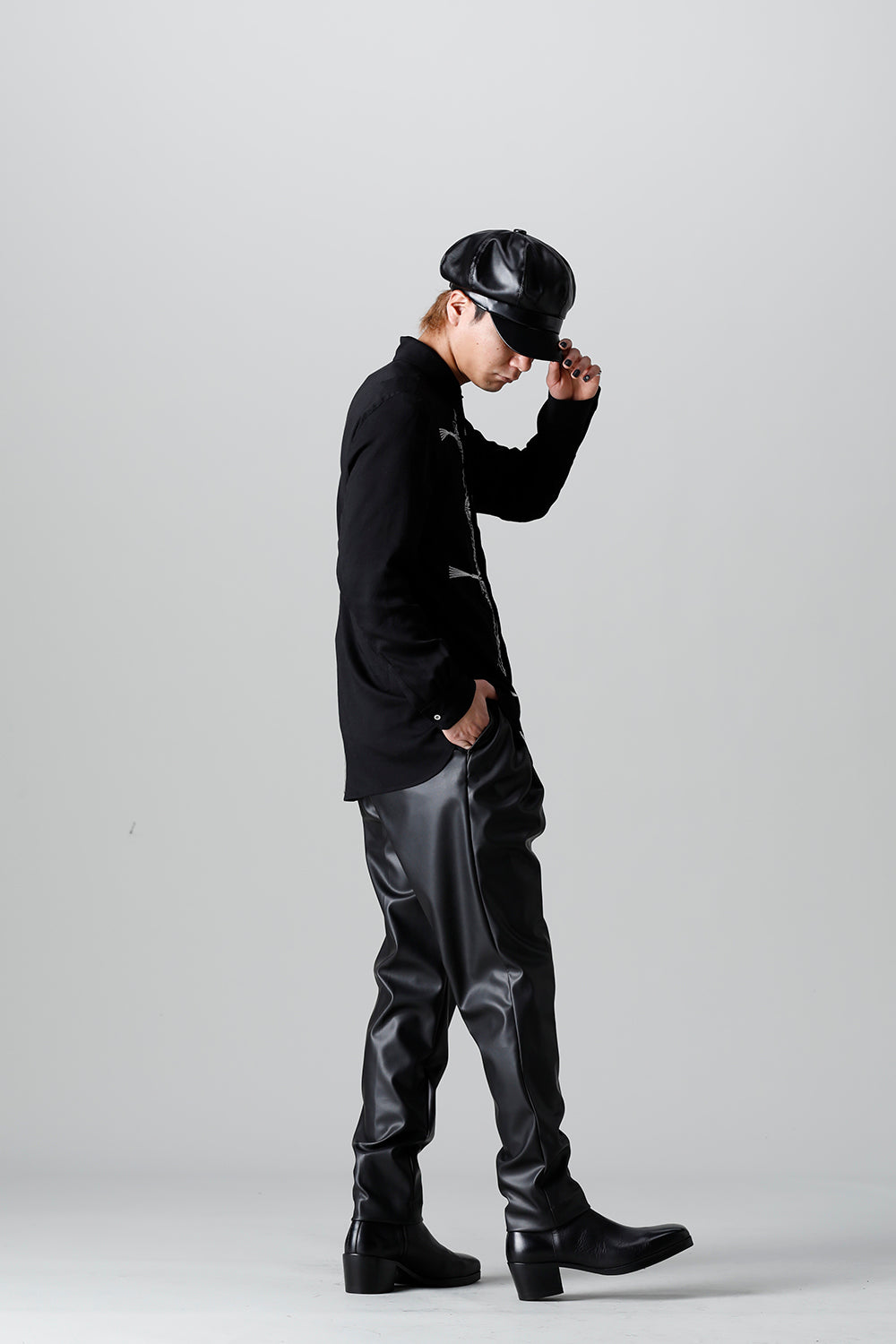 レーヨン ツイル 刺繍 レギュラー シャツ ブラック