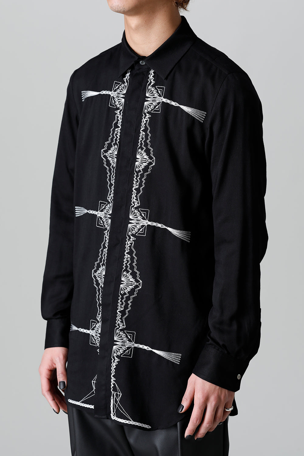レーヨン ツイル 刺繍 レギュラー シャツ ブラック