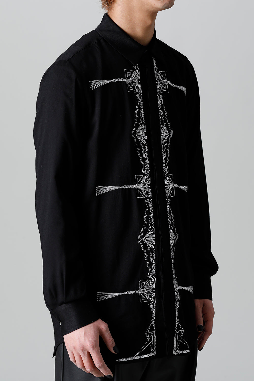 レーヨン ツイル 刺繍 レギュラー シャツ ブラック