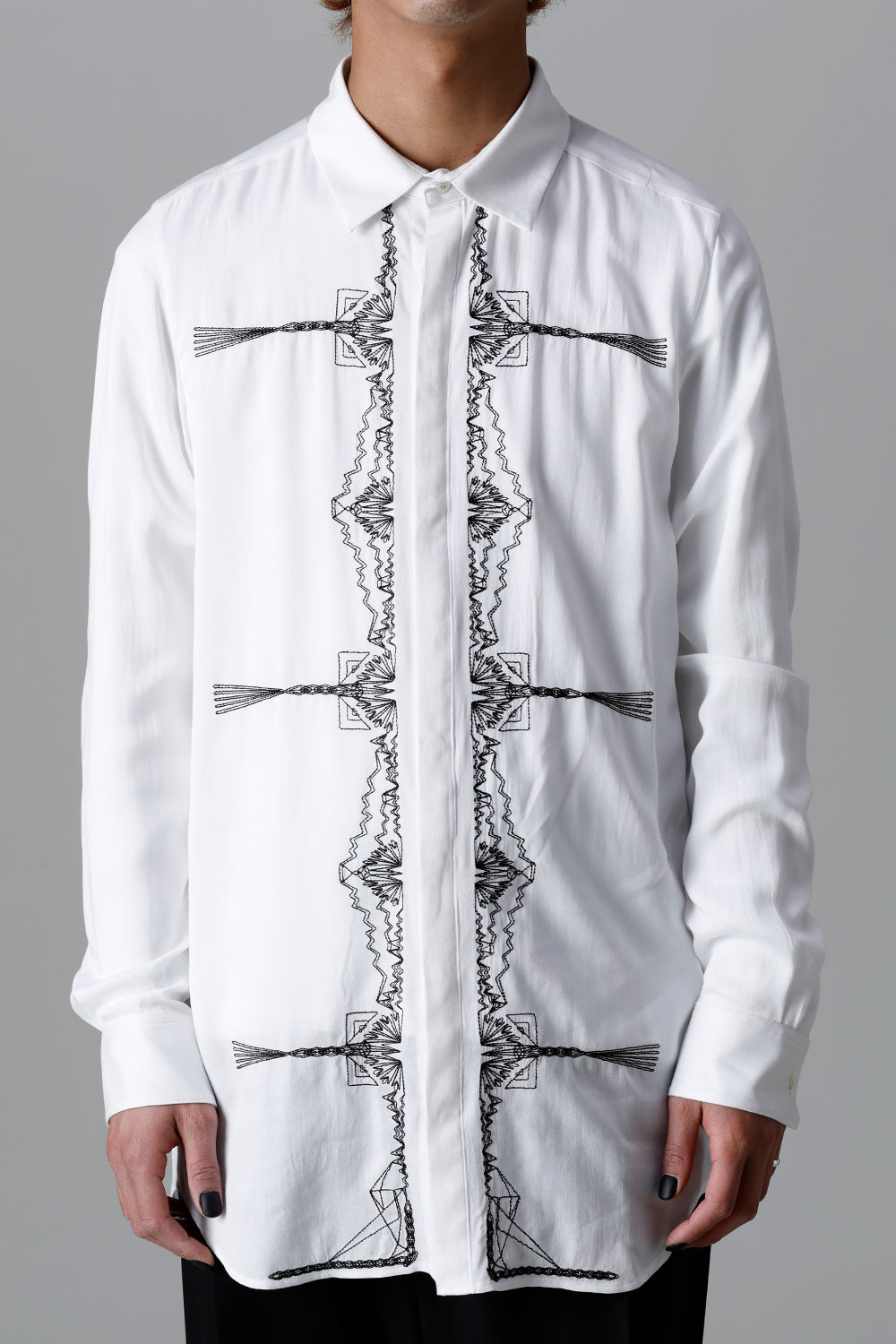 Rayon Twill Embroidery Regular Shirt Off White