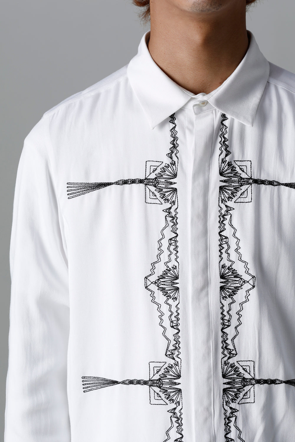 Rayon Twill Embroidery Regular Shirt Off White