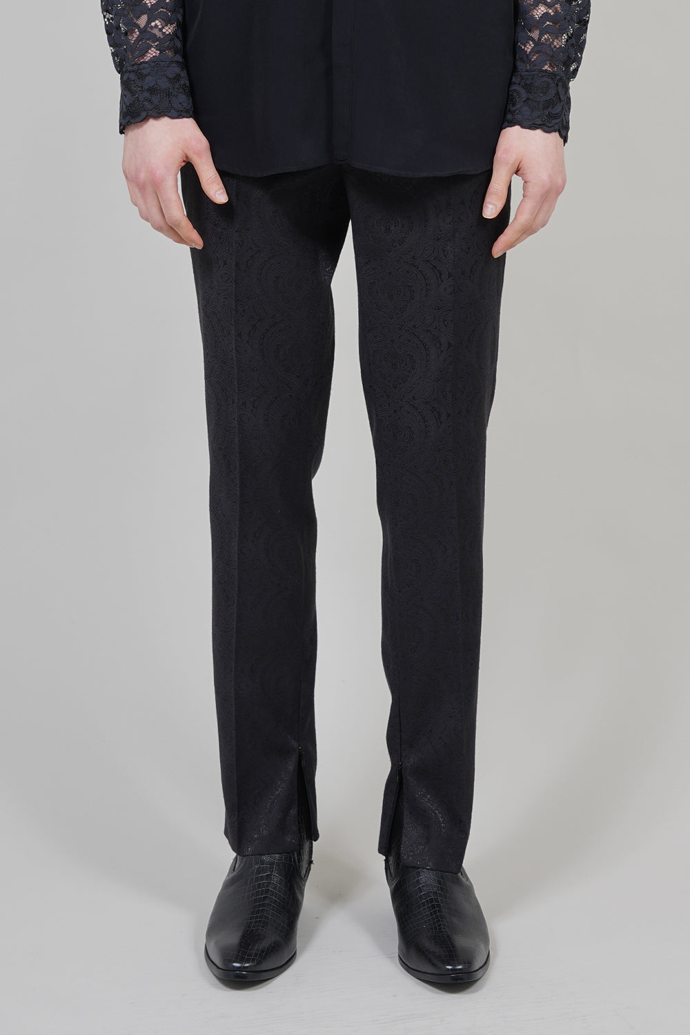 Shiny Owner Jaggard  Fastener Slit Pants Black