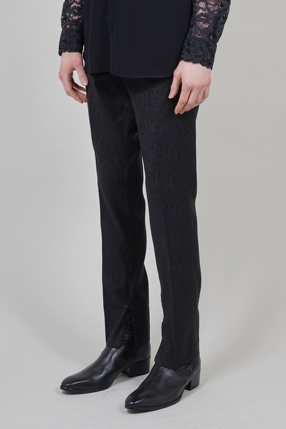 Shiny Owner Jaggard  Fastener Slit Pants Black