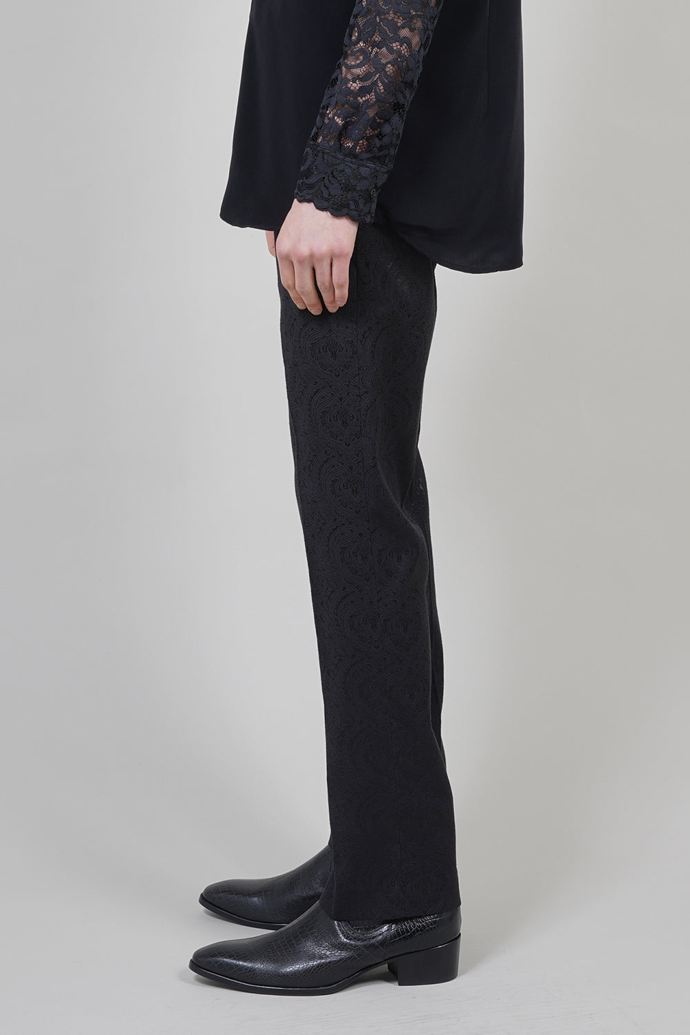 Shiny Owner Jaggard  Fastener Slit Pants Black