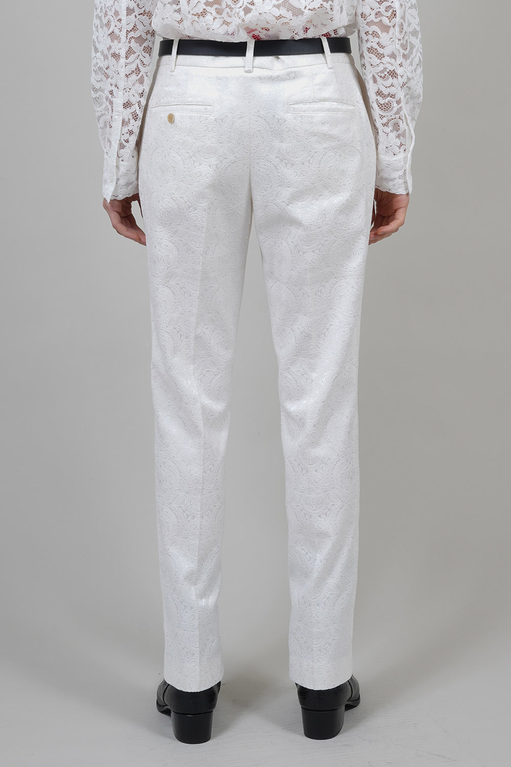 シャイニー オーナメントジャガード ファスナースリットパンツ クリーム