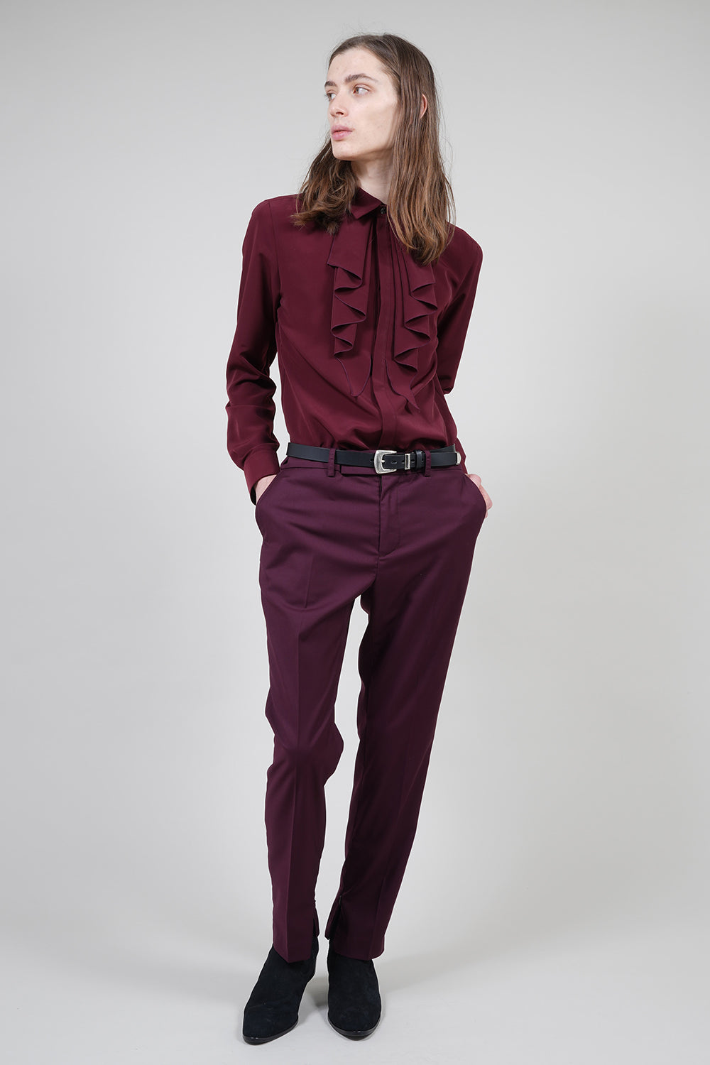 Drape Faille Ruffle Shirt Bordeaux