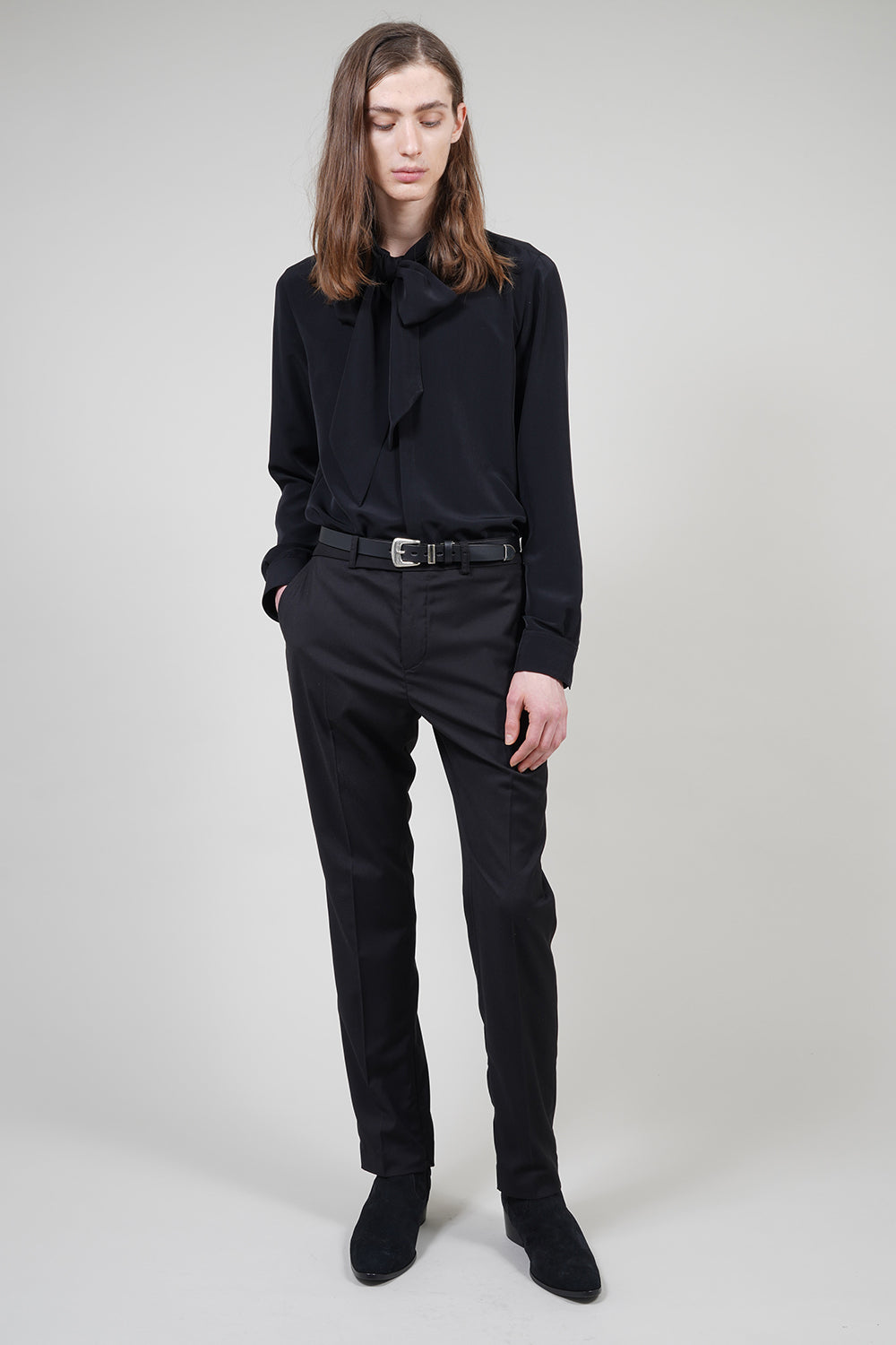 Drape Faille Bow Collar Shirt Black