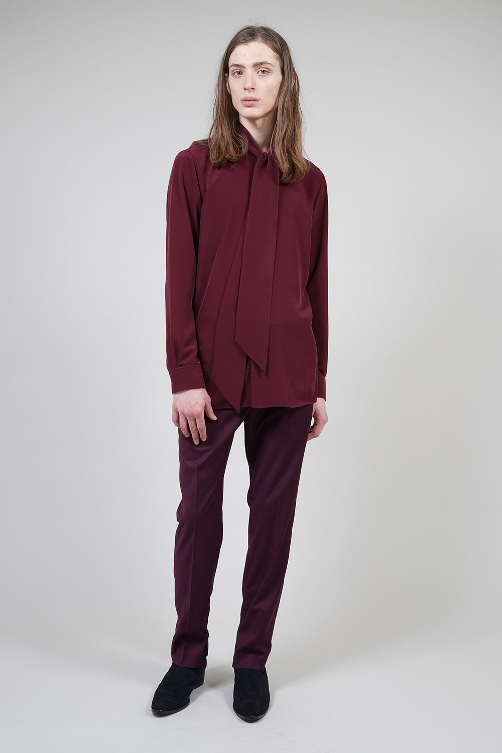 Drape Faille Bow Collar Shirt Bordeaux
