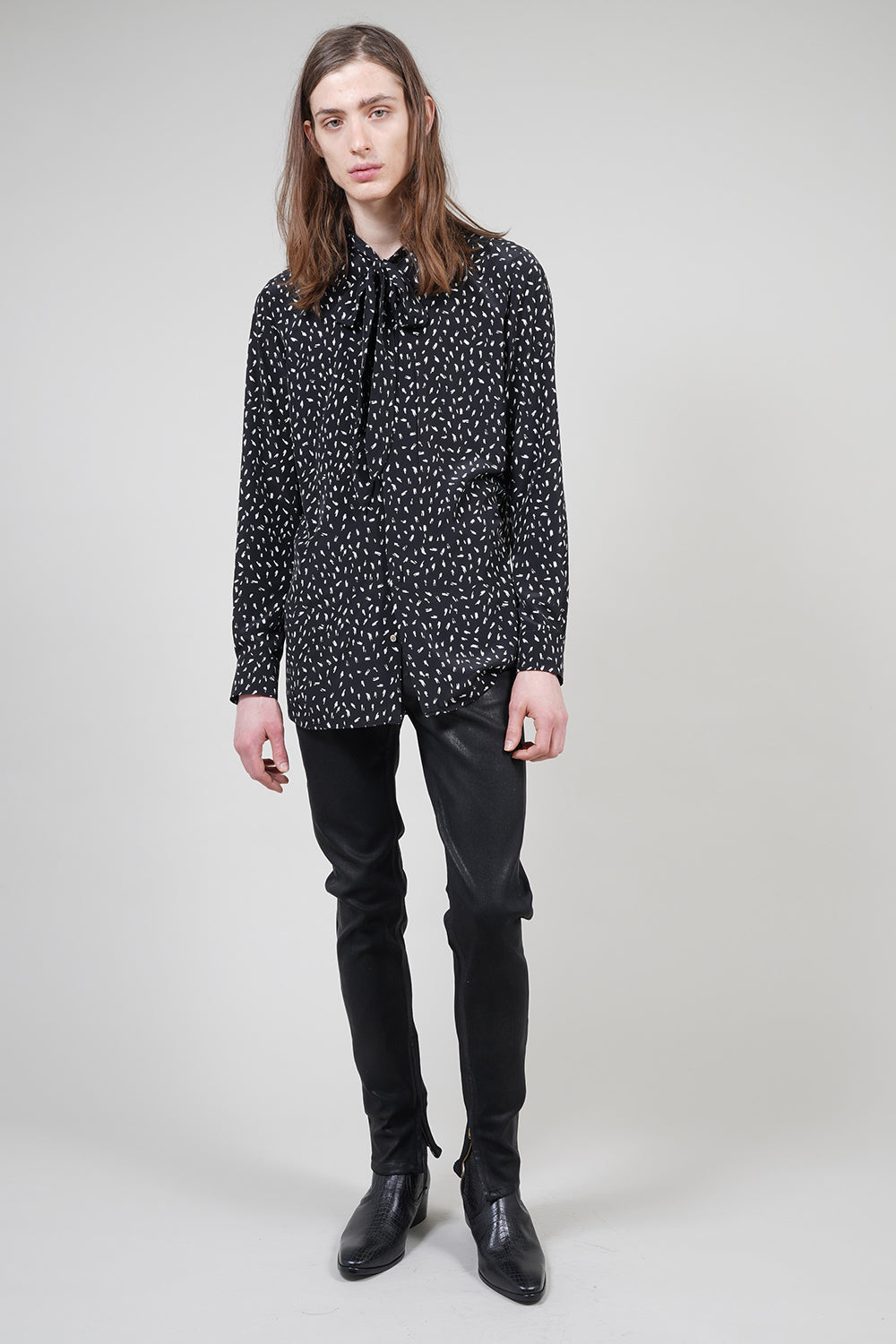 Decine Paint Dot Print Ribbon Shirt Black×Off White