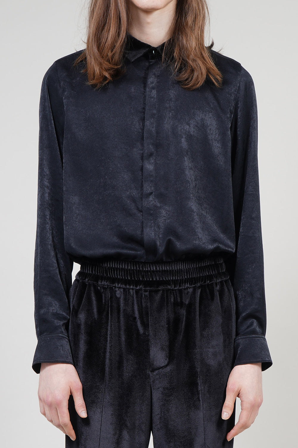 Pe Vintage Satin Velvet Collar Regular Shirt Black