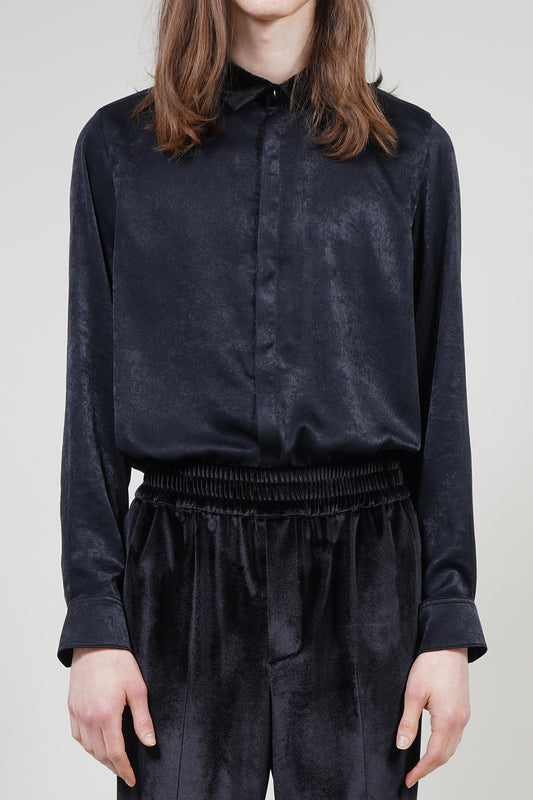 Pe Vintage Satin Velvet Collar Regular Shirt Black