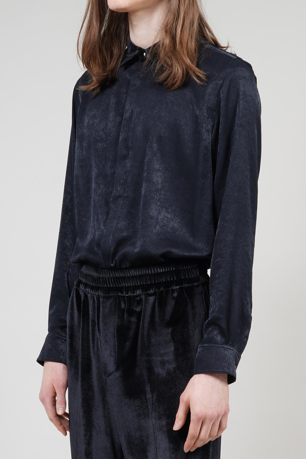 Pe Vintage Satin Velvet Collar Regular Shirt Black