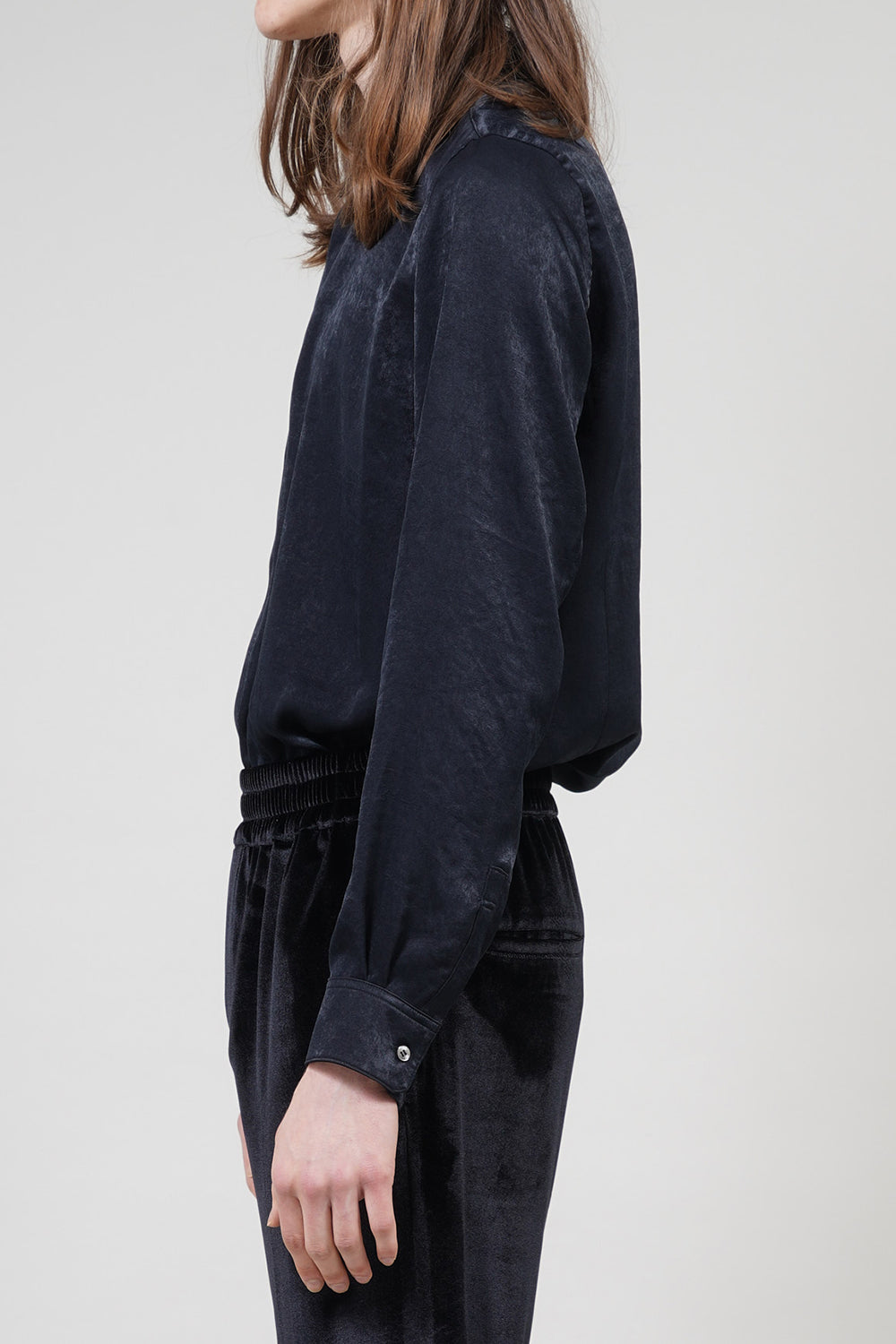 Pe Vintage Satin Velvet Collar Regular Shirt Black