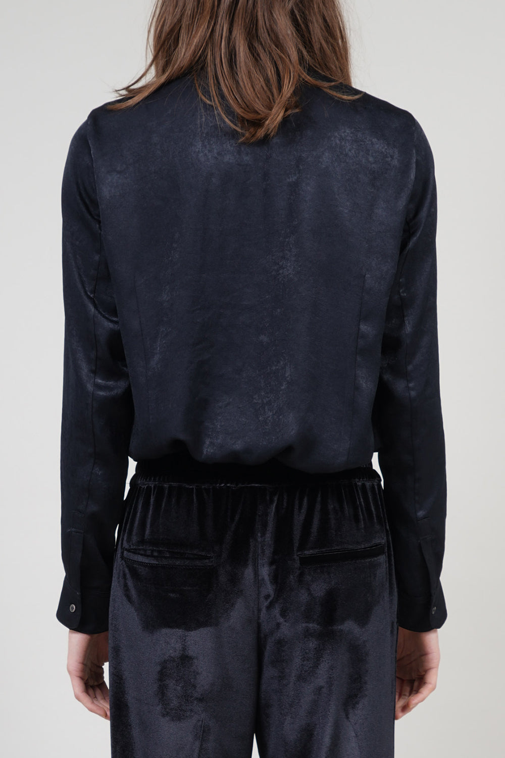 Pe Vintage Satin Velvet Collar Regular Shirt Black