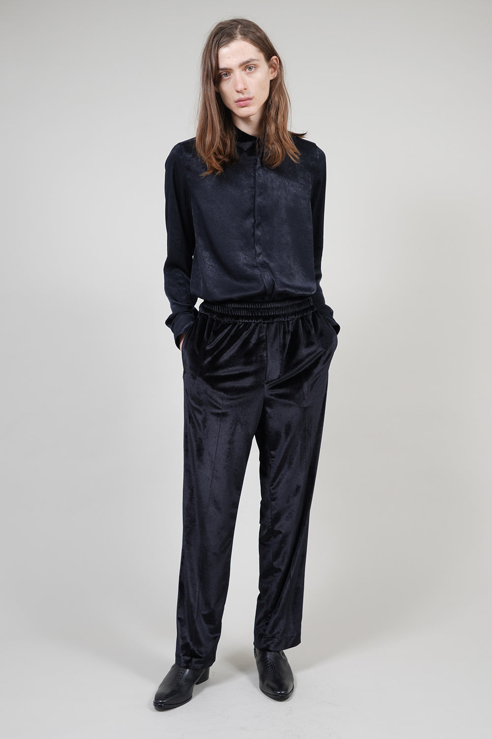 Pe Vintage Satin Velvet Collar Regular Shirt Black