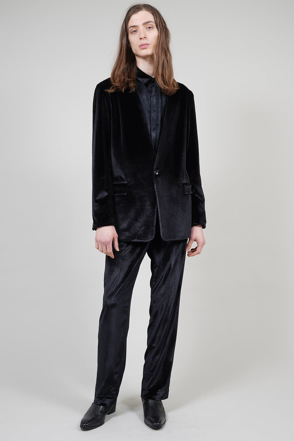 Pe Vintage Satin Velvet Collar Regular Shirt Black