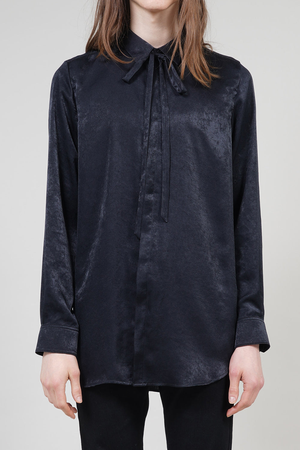 Pe Vintage Satin Regular Shirt with Ribbon Black