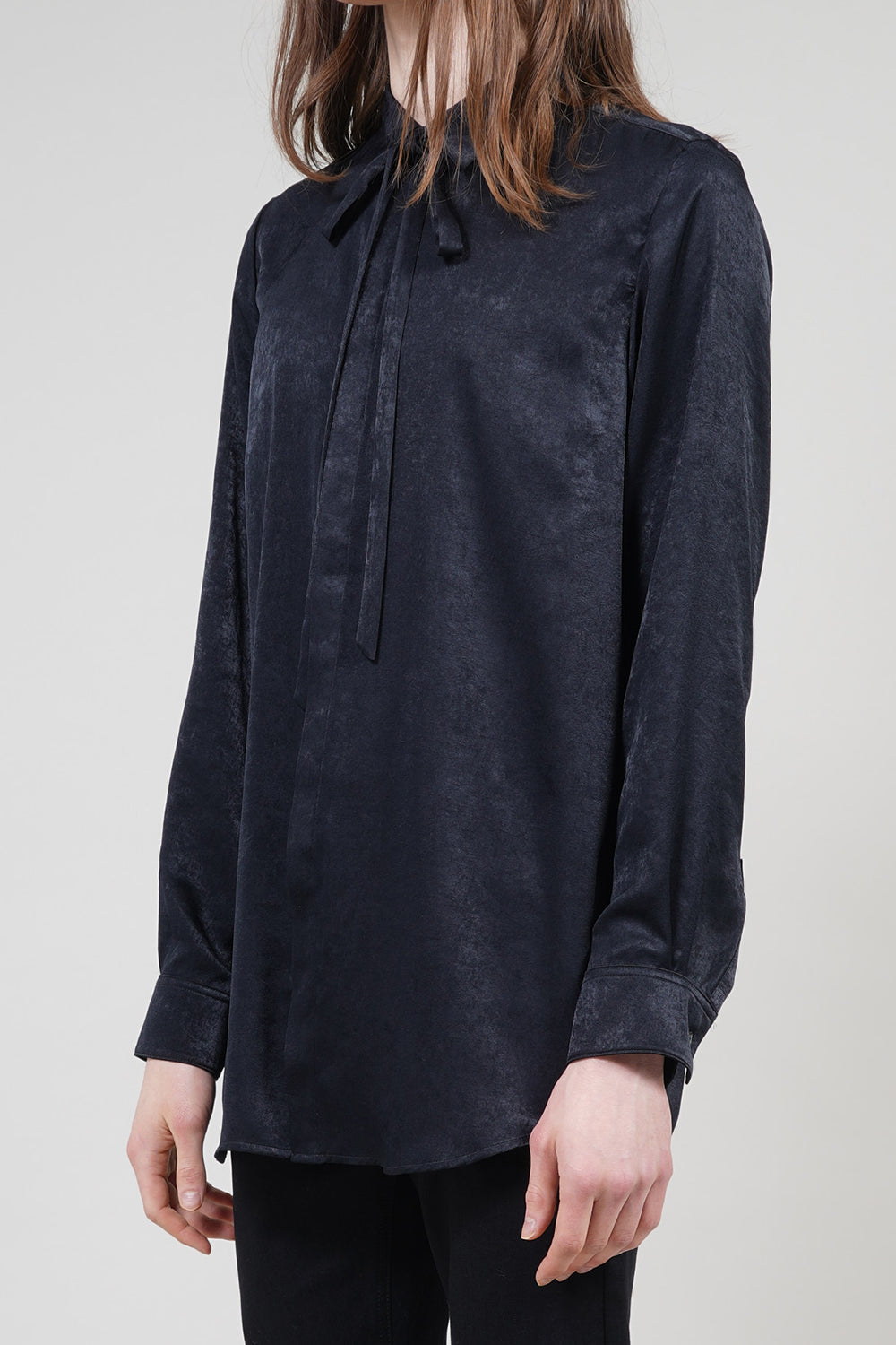 Pe Vintage Satin Regular Shirt with Ribbon Black