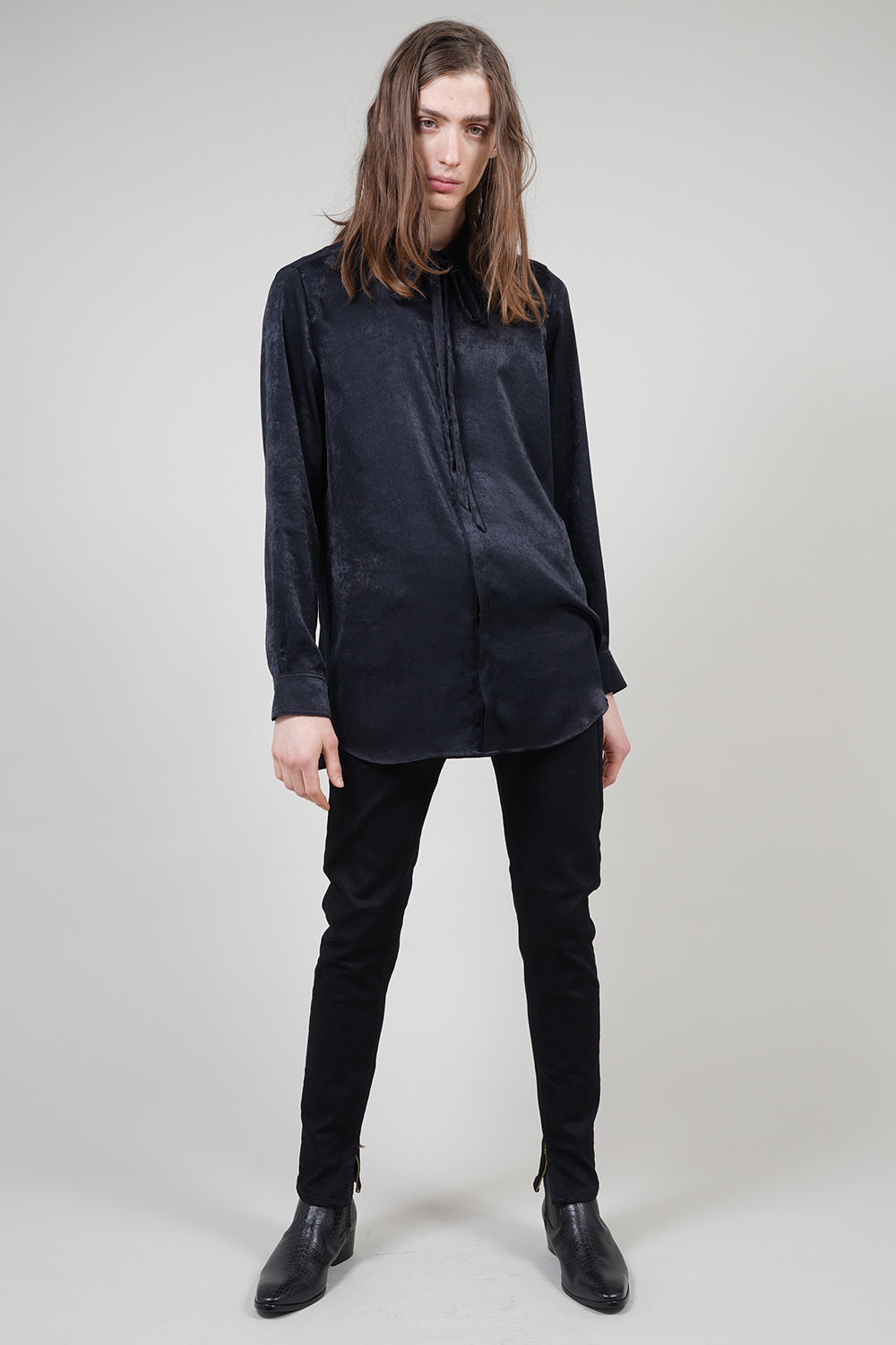 Pe Vintage Satin Regular Shirt with Ribbon Black