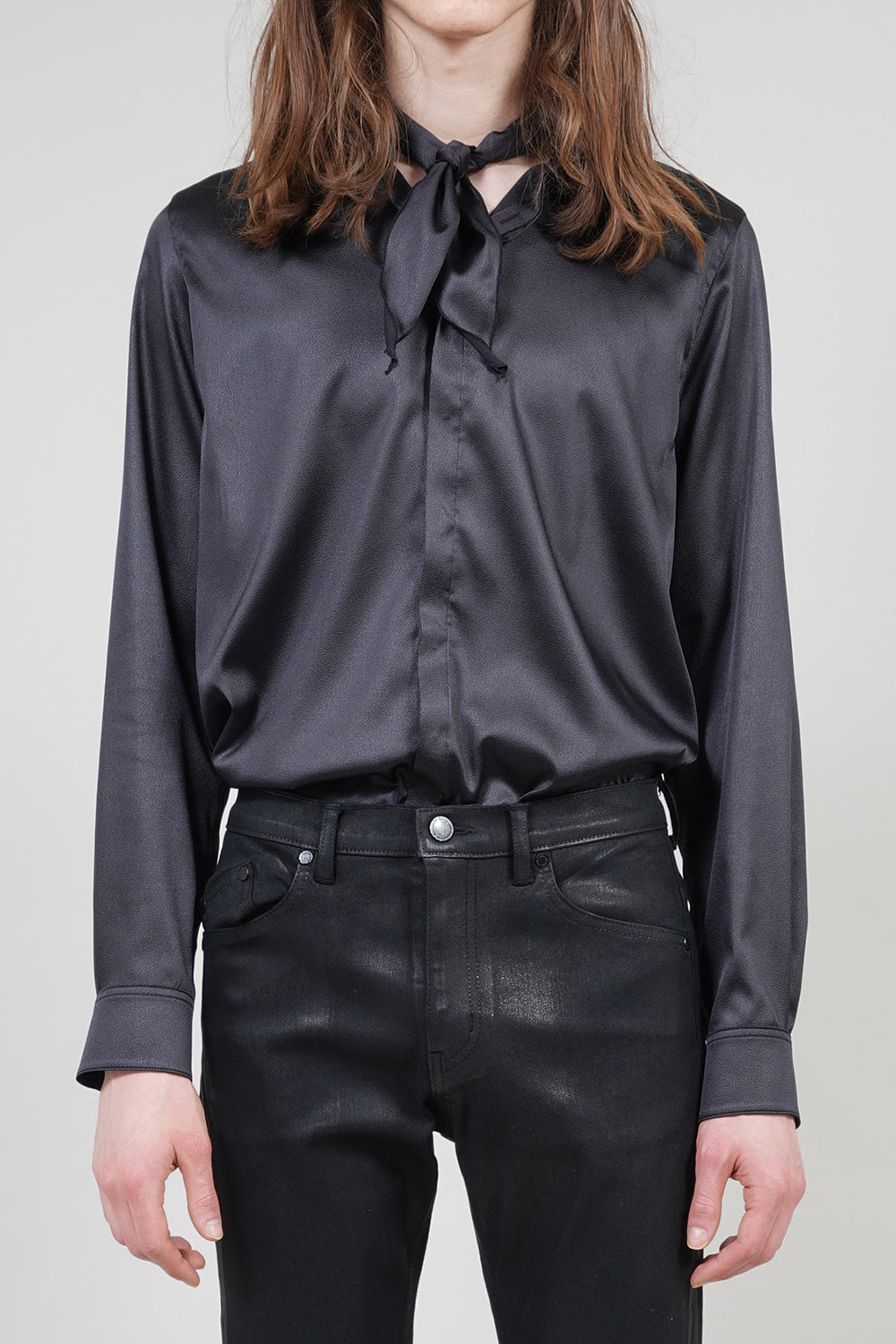 Leather Satin Regular Shirt with Scarf Black