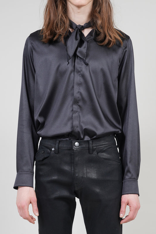 Leather Satin Regular Shirt with Scarf Black