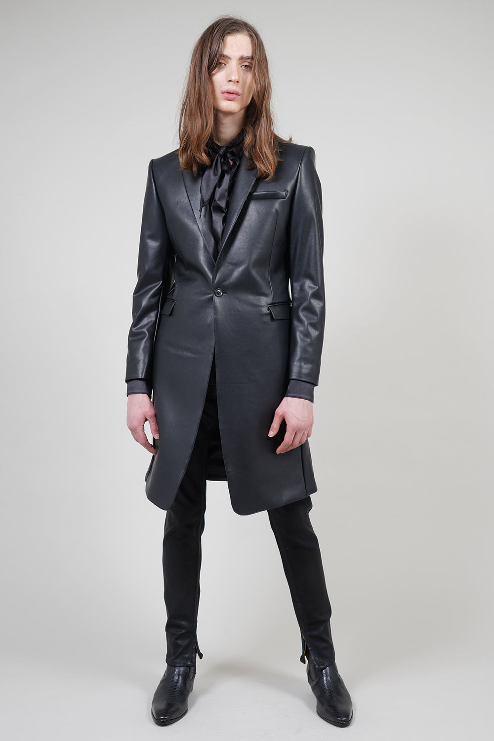 Leather Satin Regular Shirt with Scarf Black