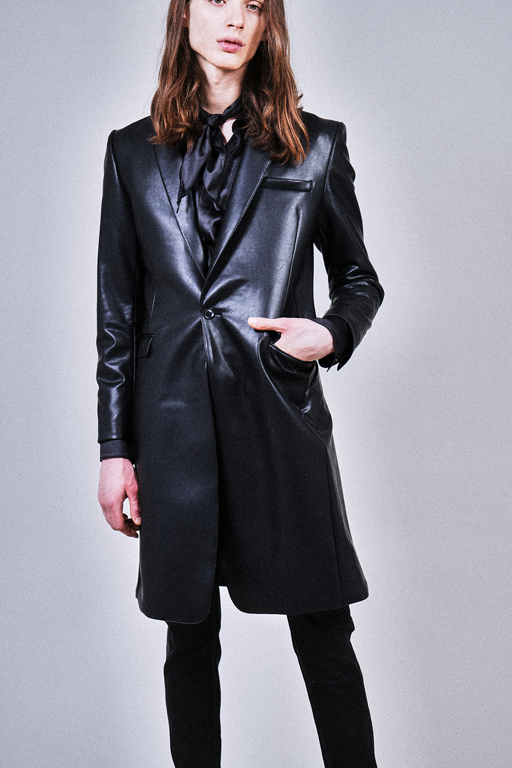 Leather Satin Regular Shirt with Scarf Black