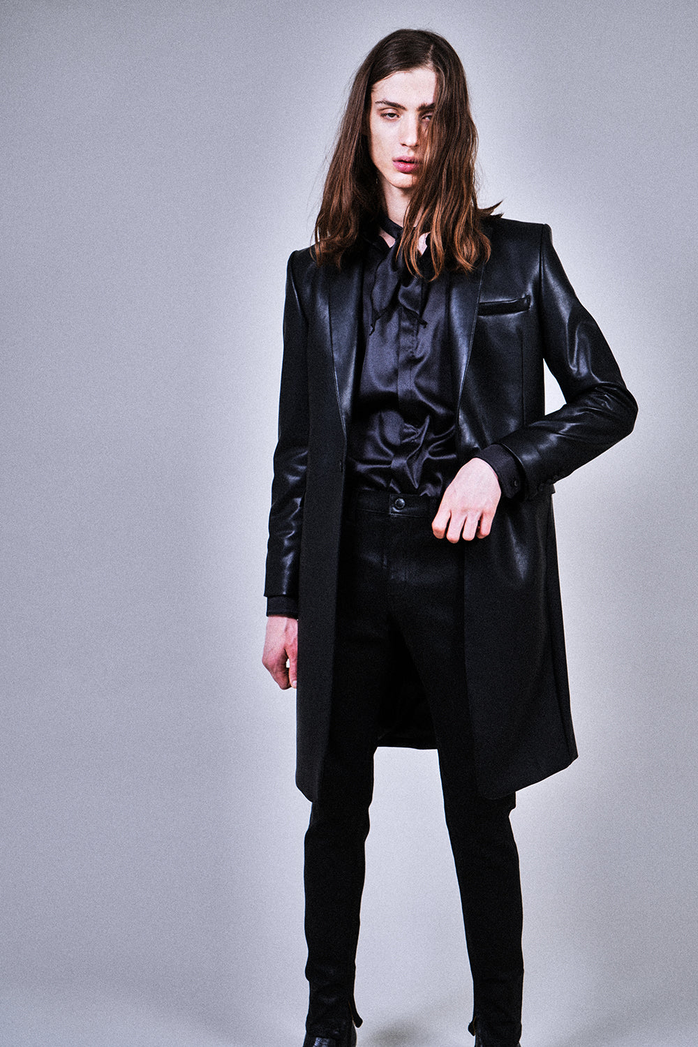 Leather Satin Regular Shirt with Scarf Black