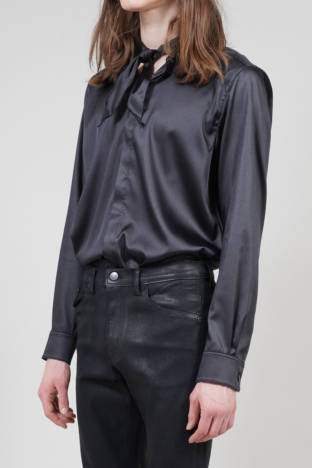 Leather Satin Regular Shirt with Scarf Black