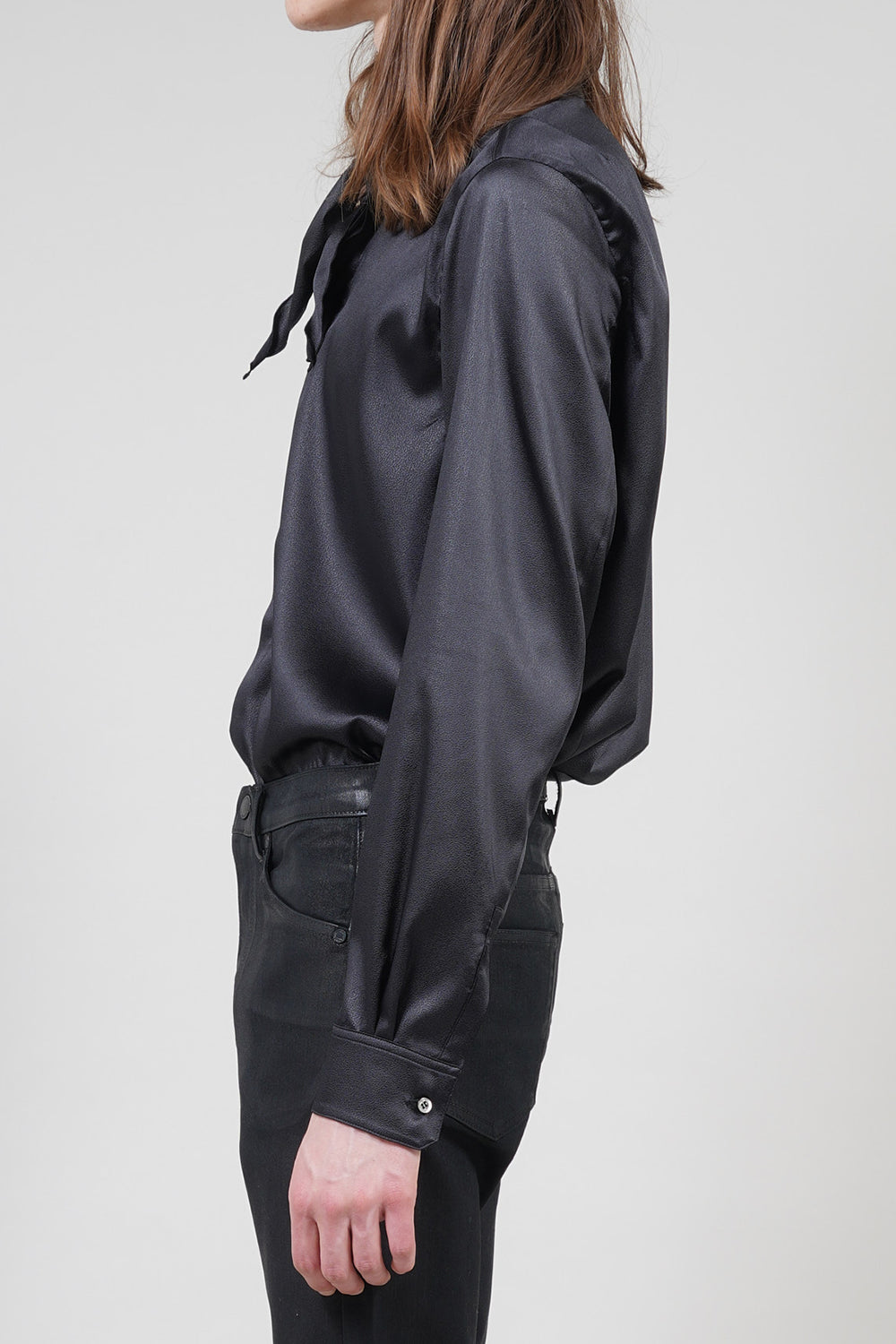 Leather Satin Regular Shirt with Scarf Black