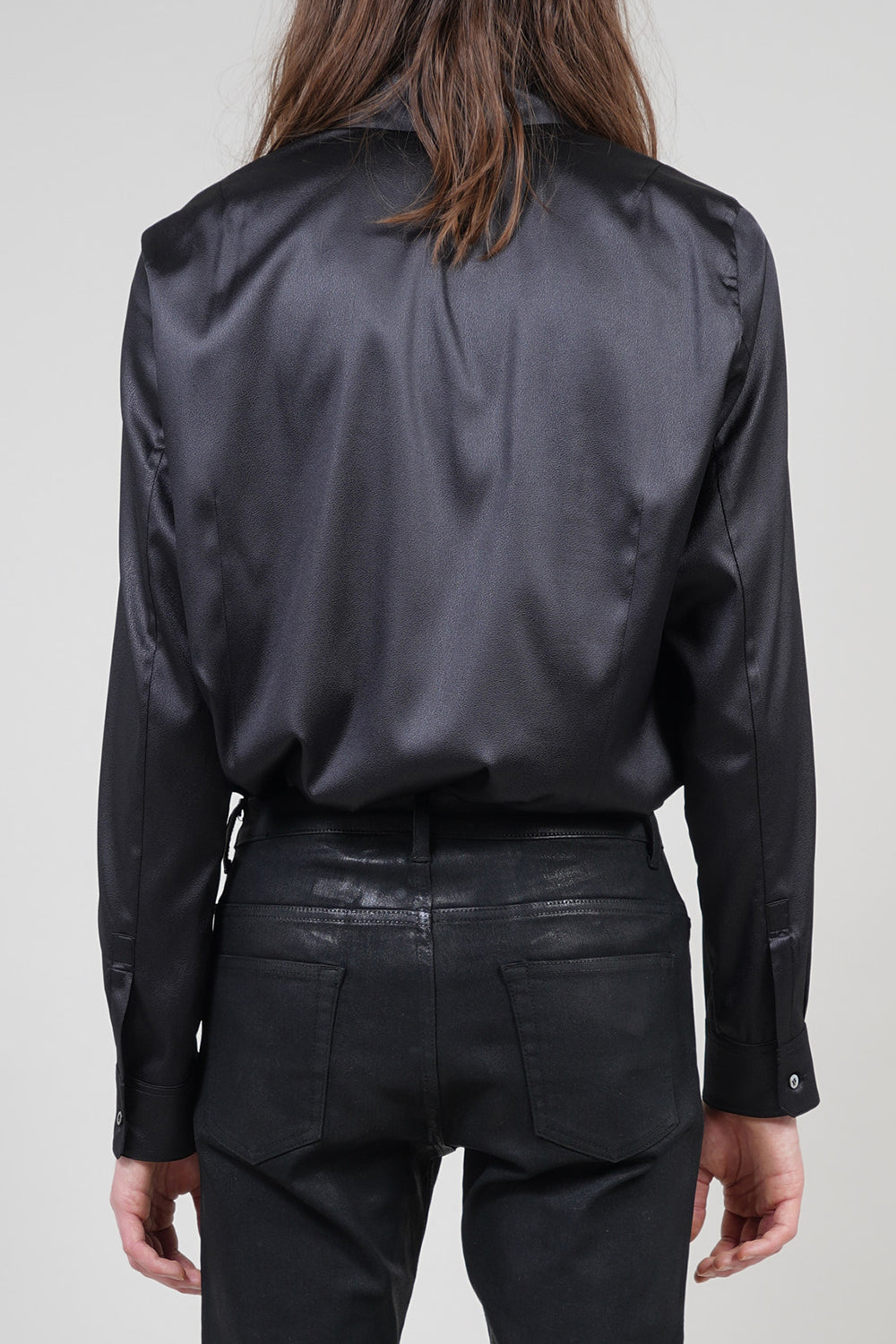 Leather Satin Regular Shirt with Scarf Black