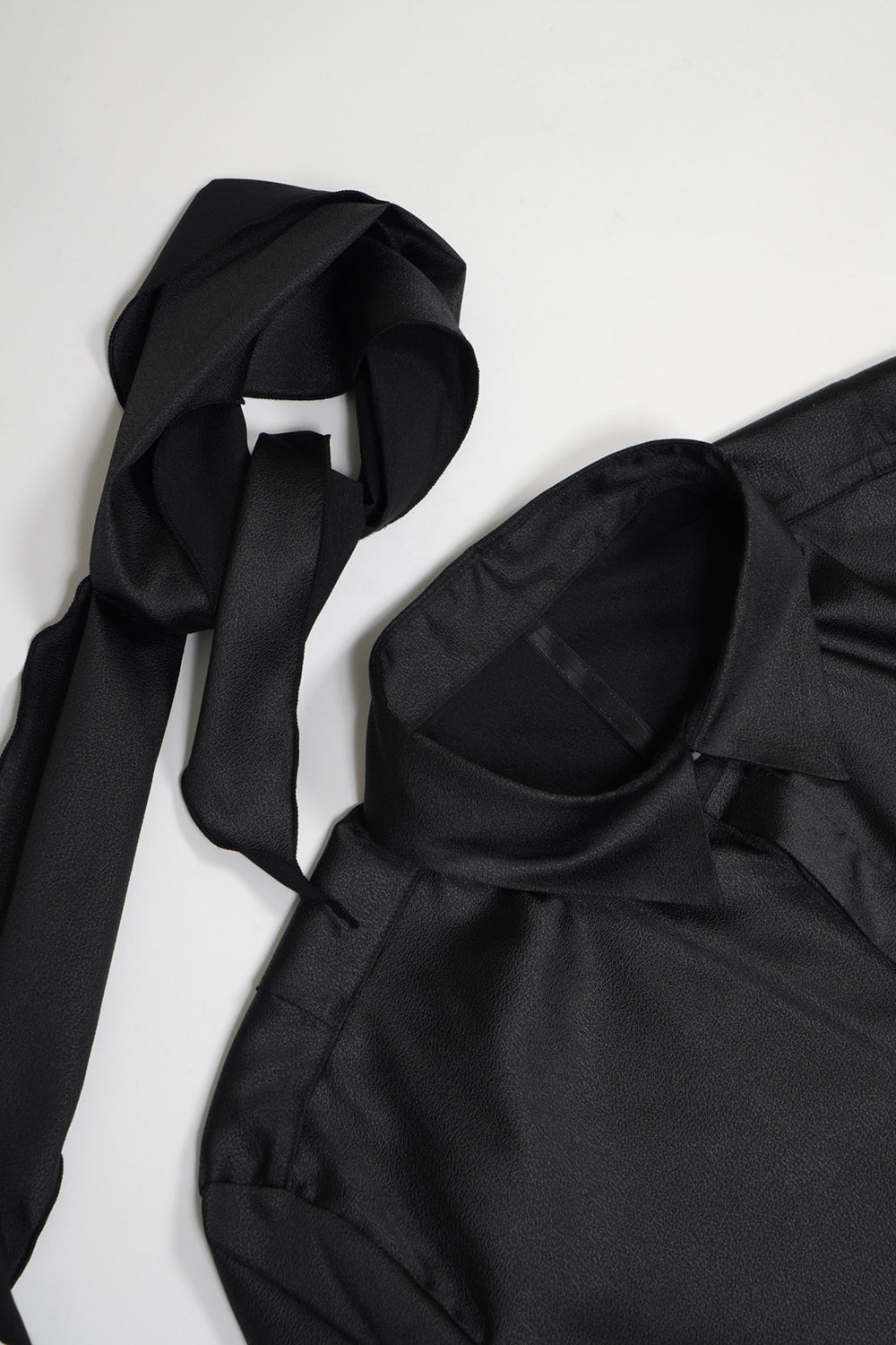 Leather Satin Regular Shirt with Scarf Black