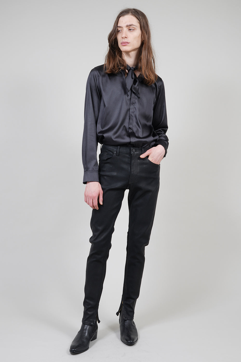 Leather Satin Regular Shirt with Scarf Black