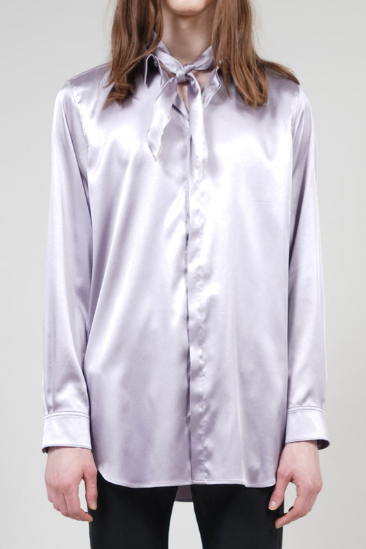 Leather Satin Regular Shirt with Scarf Greige