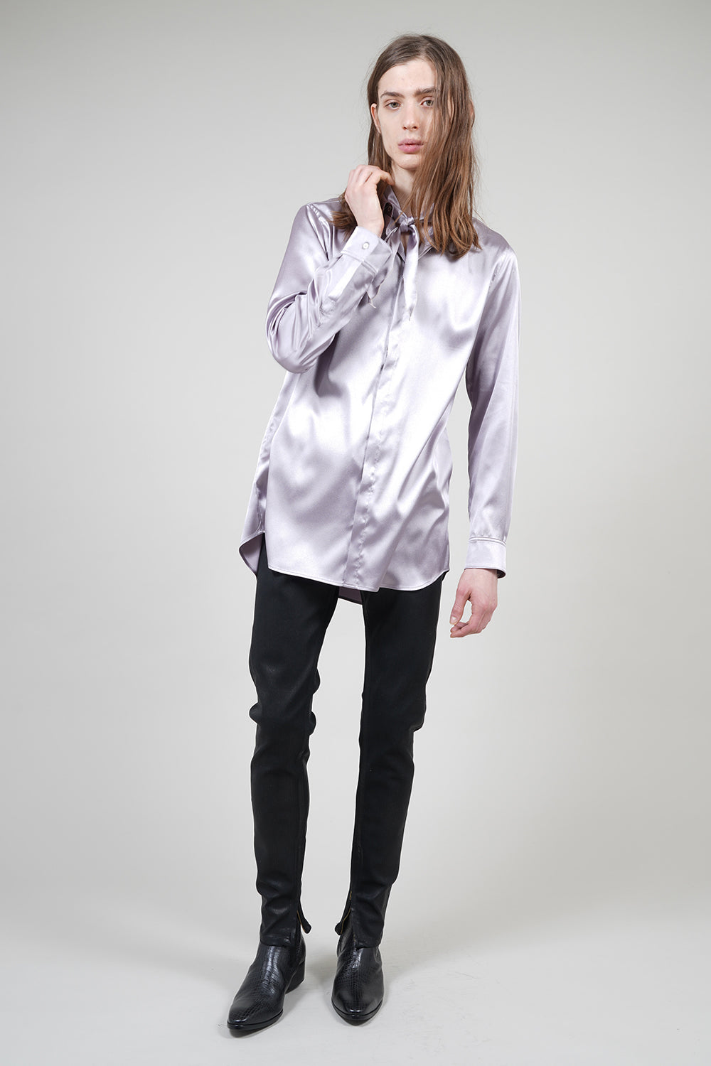 Leather Satin Regular Shirt with Scarf Greige