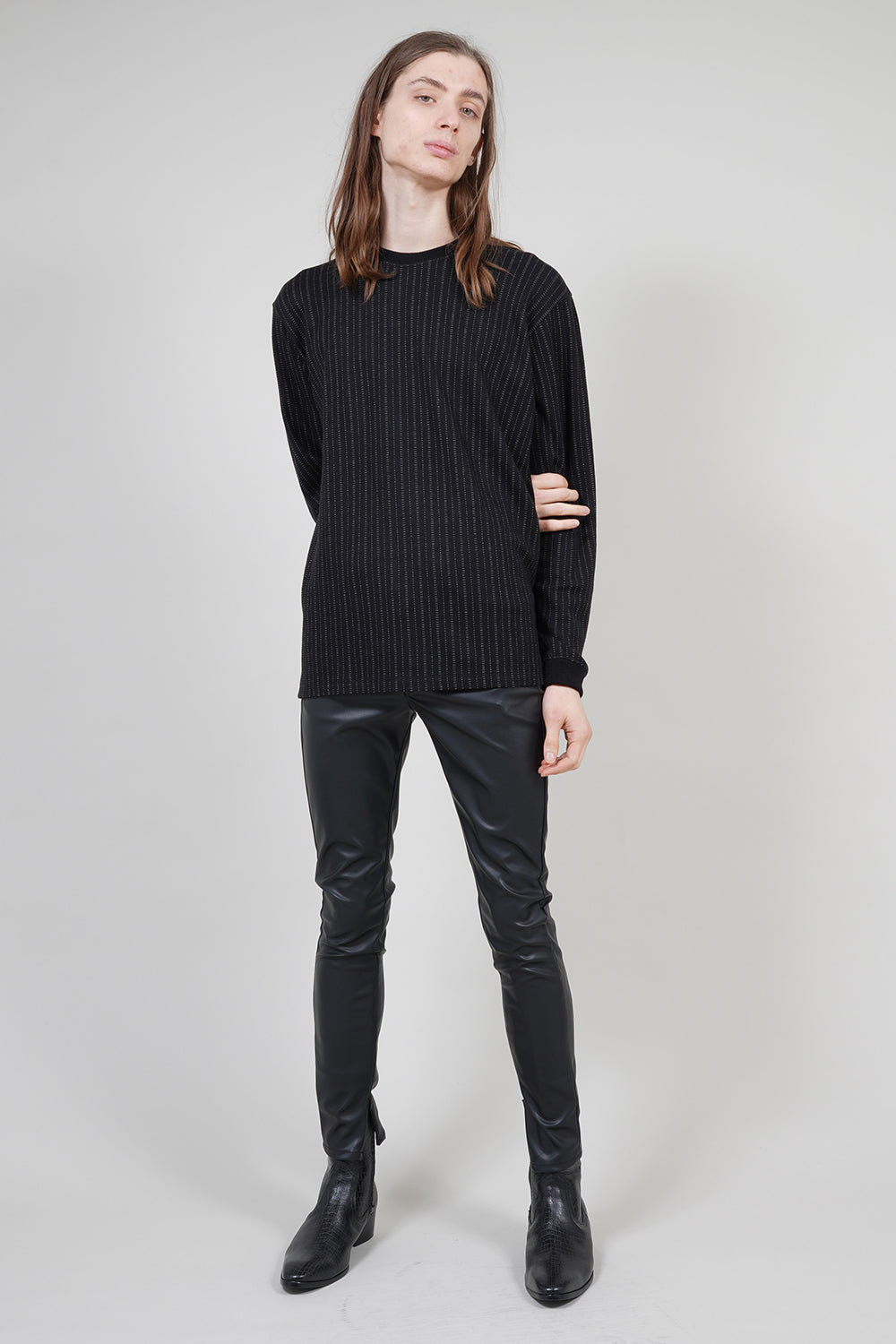 Stripe Punch Jaggard Crew Neck Pullover Black