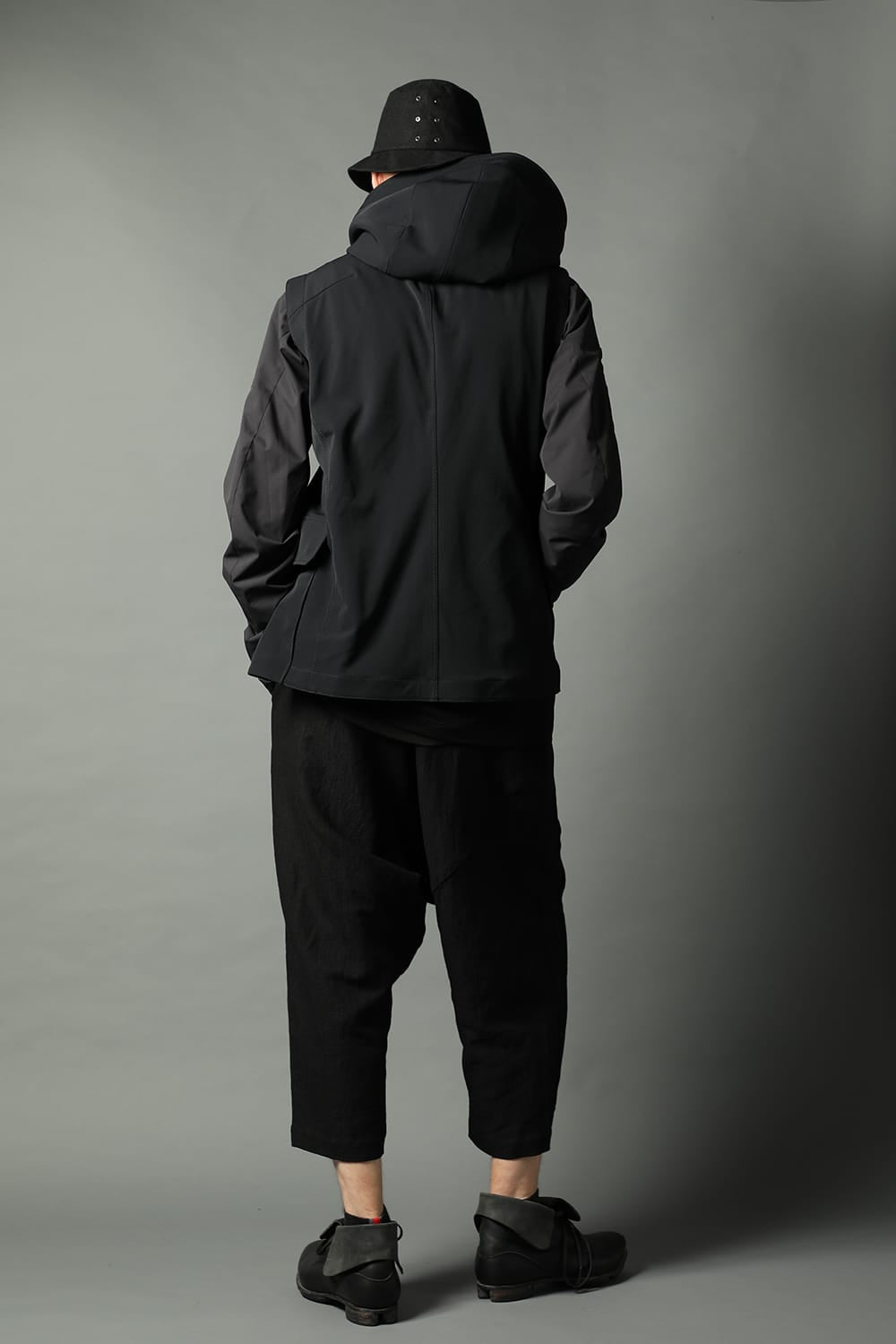 Drop crotch cropped pants cotton ramie shrink