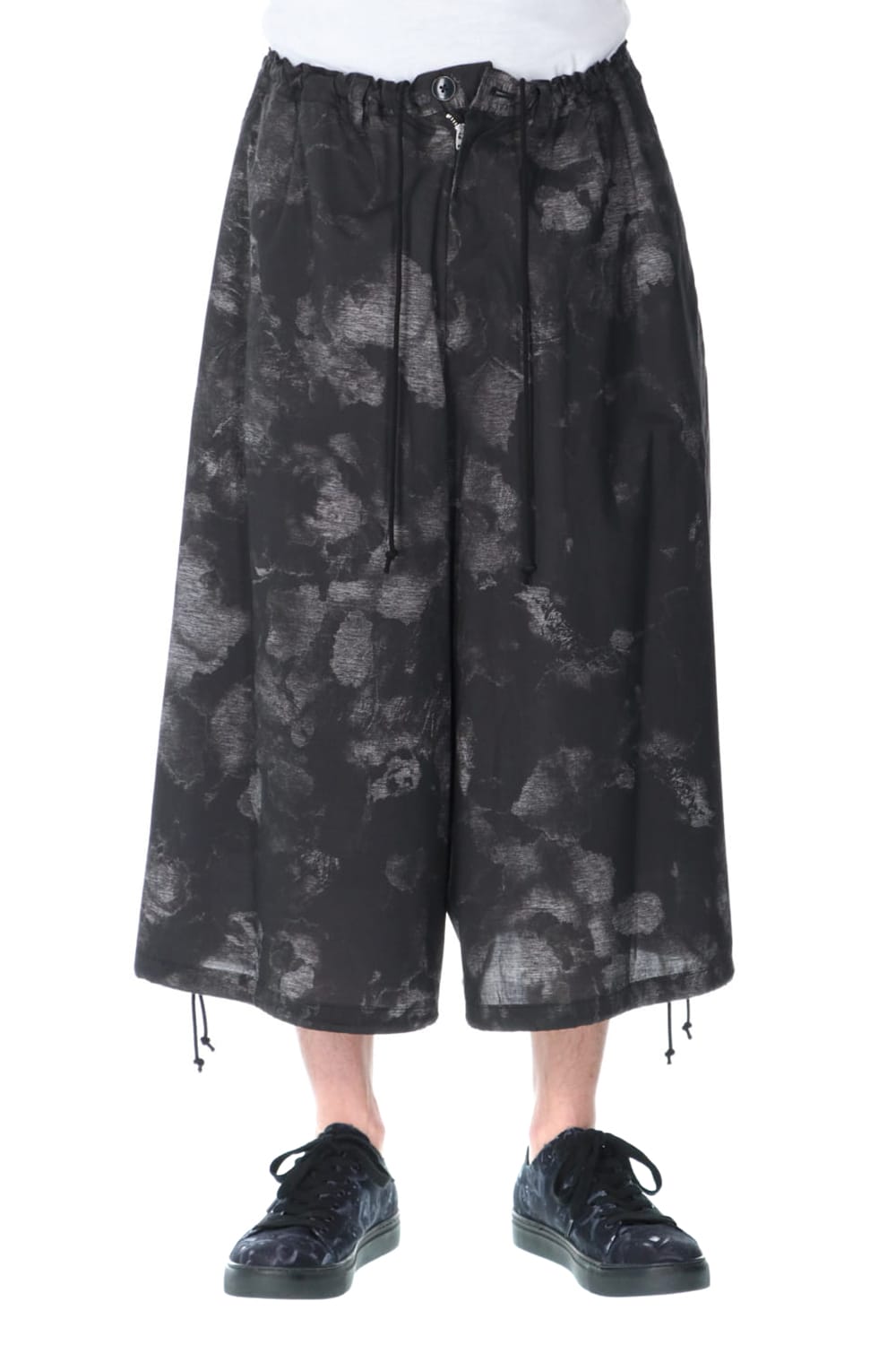 Drawstring Asymmetry Pants(Flower print) Black