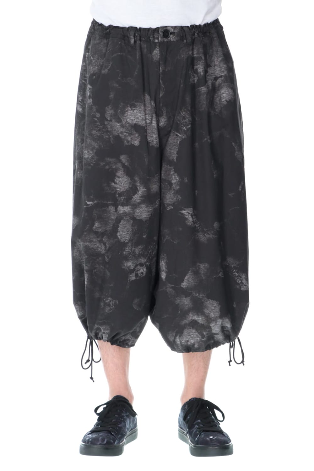 Drawstring Asymmetry Pants(Flower print) Black
