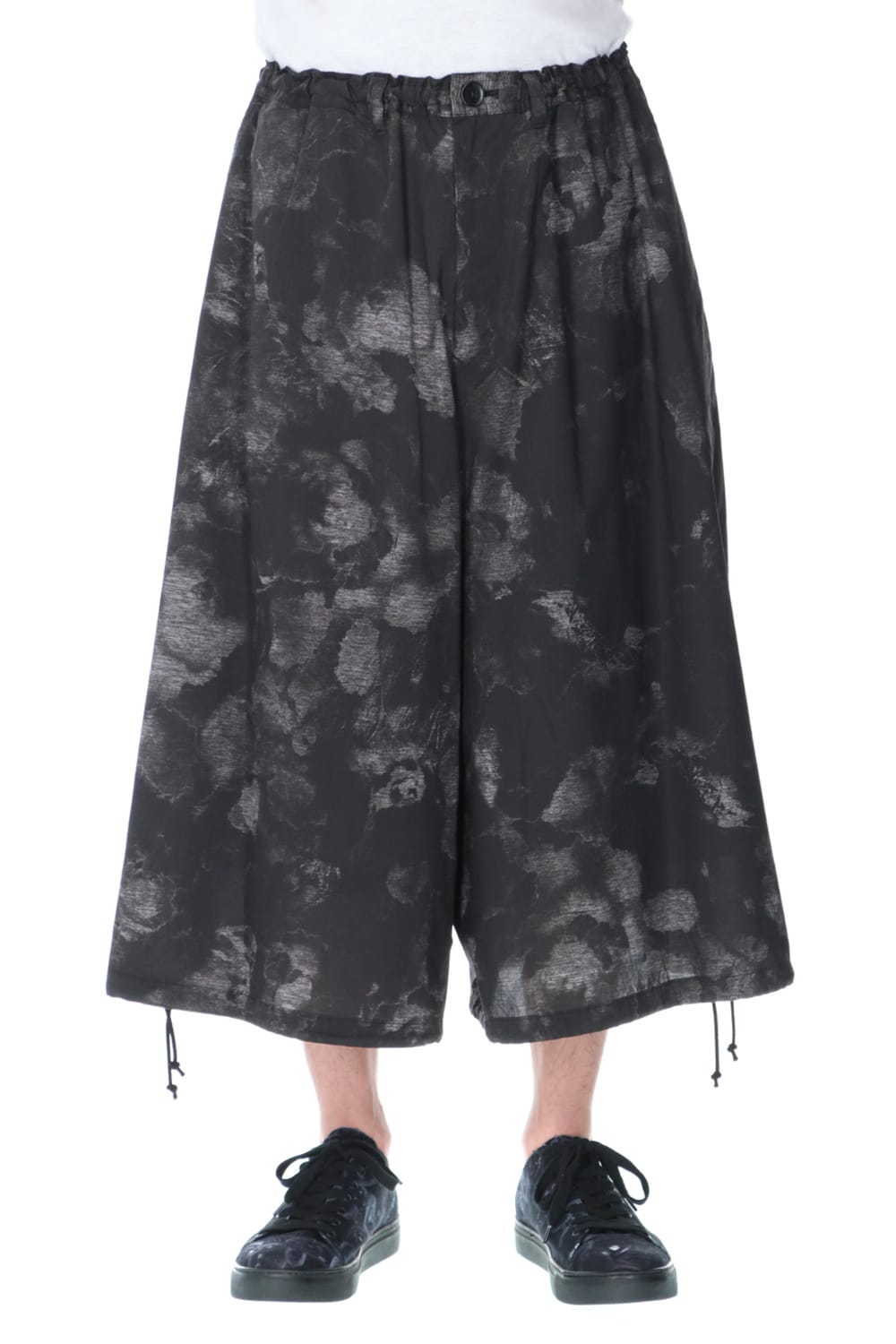 Drawstring Asymmetry Pants(Flower print) Black