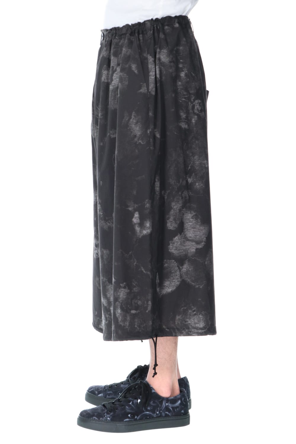 Drawstring Asymmetry Pants(Flower print) Black