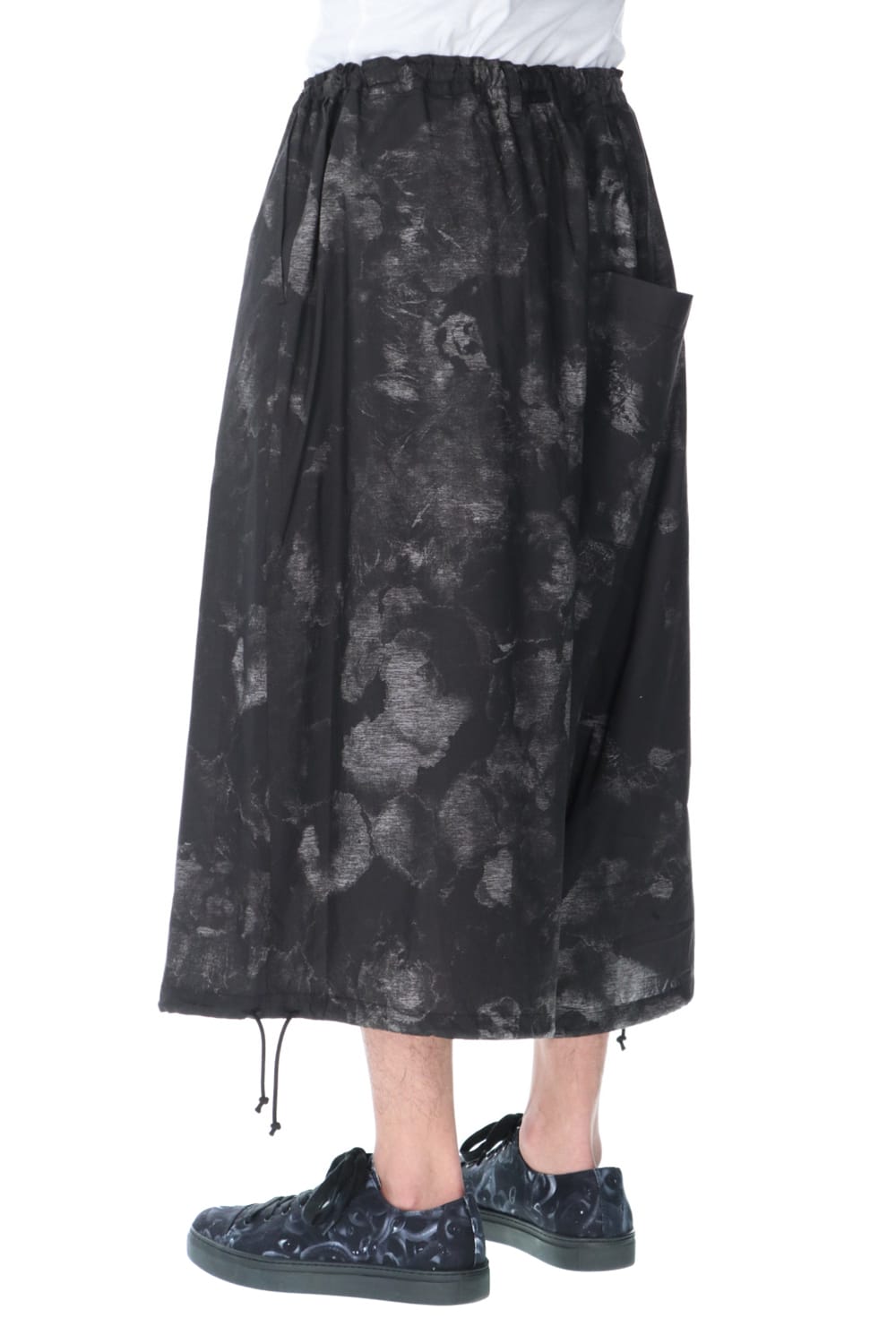 Drawstring Asymmetry Pants(Flower print) Black